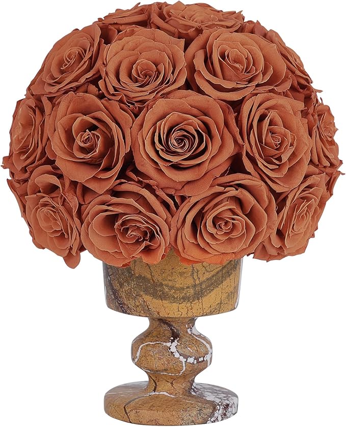 Forever Flowers Preserved Roses in Marble Vase, Fall Flower for Delivery, Eternal Roses Autumn Gift for Women, Table Centerpiece Flowers for Home Decor Party Living Room Bedroom Vintage Orange
