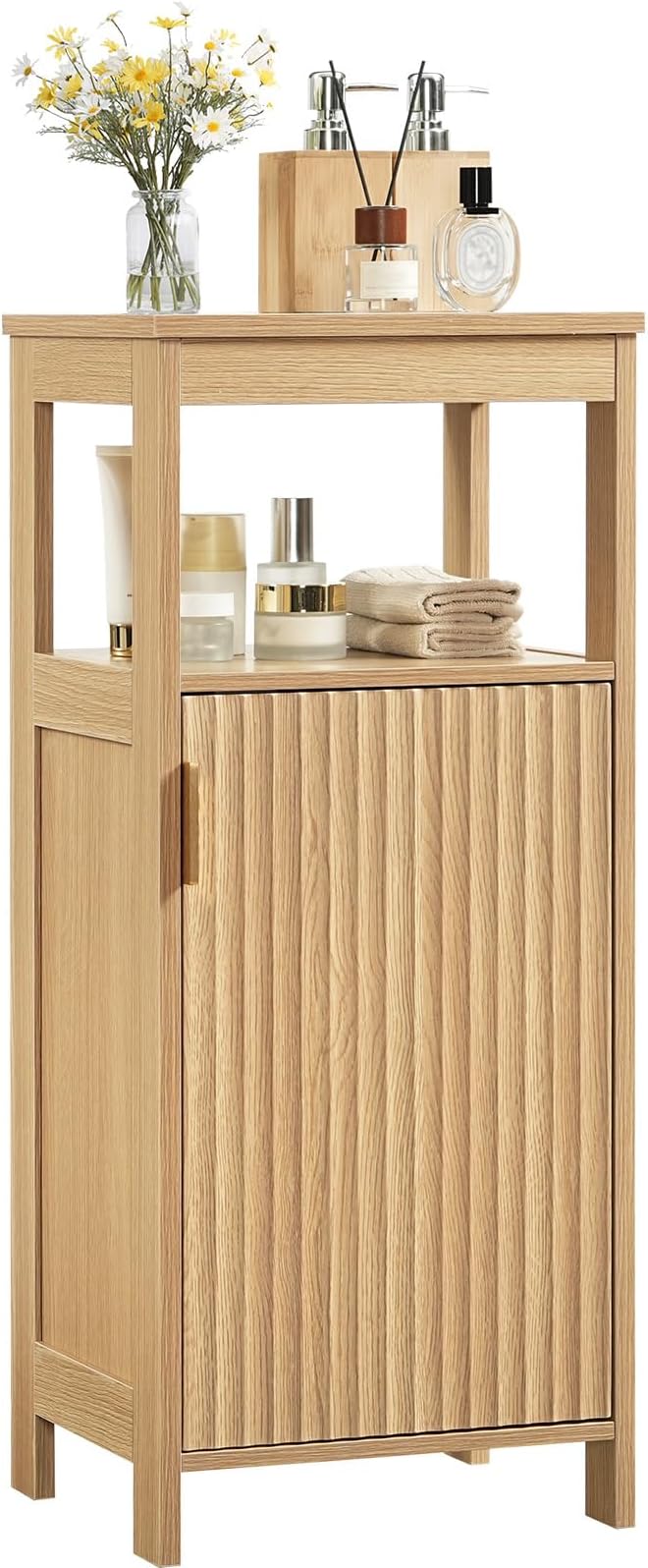 CHOEZON Bathroom Cabinet, Freestanding Bathroom Storage Cabinet with Door and Shelves, Small Floor Storage Cabinet, Narrow Bathroom Table, Fluted Door, Gold Handle, for Bathroom, Living Room, Natural