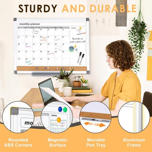 MAKELLO Dry Erase Calendar - 24" x 18" Wall Whiteboard with Cork Board for Home, Office & School