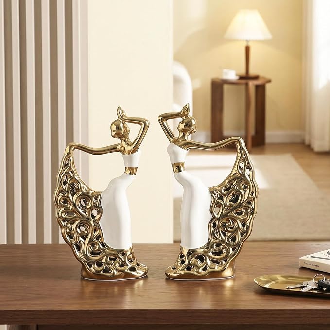 2 Pcs Ceramic Statues Home Decor, Dancer Women Sculpture Figurine, Modern Aesthetic Abstract Art Decorative Accent for Living Room Bedroom Bookshelf Dining Table Centerpiece Office (White and Gold)