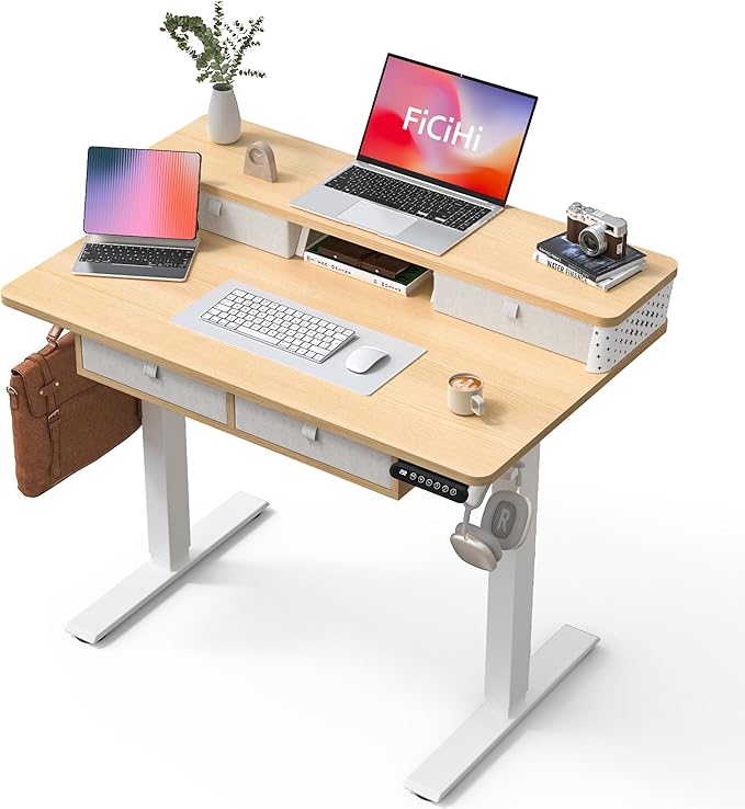 FiCiHi Adjustable Height Standing Desk with 4 Drawers,40 x 24 inches Electric Sit Stand Home Office Desk with Two Tiers, 3 Memory Presets, Monitor Stand Riser, C-Clamp Mount Compatible