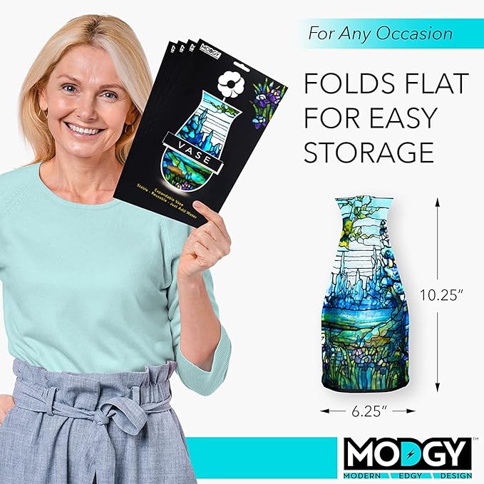 MODGY Expandable Flower Vase, Plastic Decorative Modern Foldable Printed Vases for Centerpieces for Wedding, Dining Table, Home Decor, Living Room, Bathroom, Iris Landscape, Louis C. Tiffany, 4 Pack