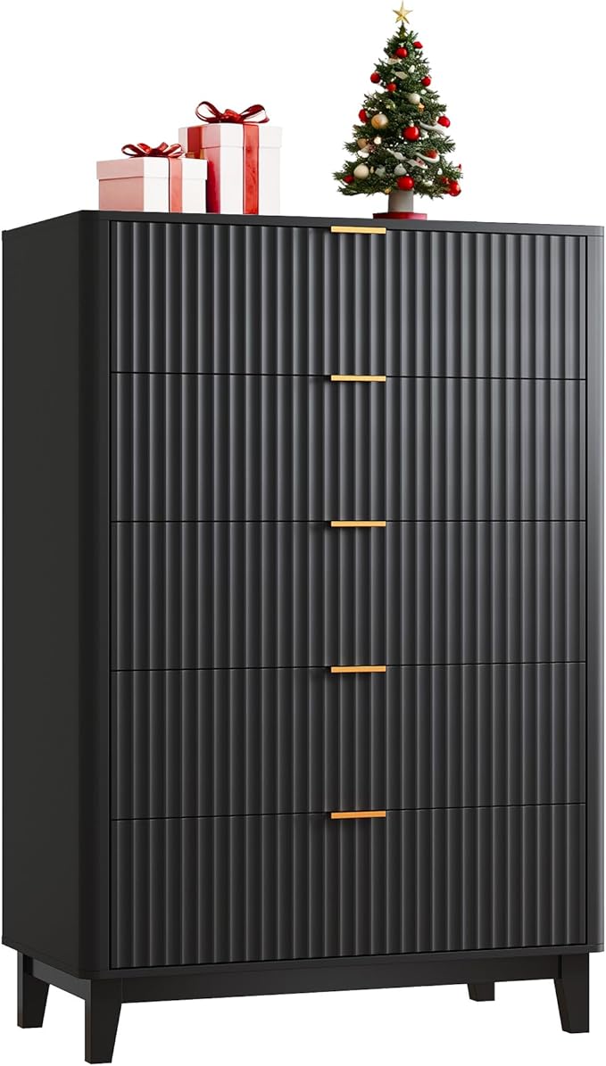 WLIVE Fluted Dresser for Bedroom with 5 Drawers, 46.26" Tall Wooden Dresser with Golden Metal Handles, Mid Century Modern Chest of Drawers for Living Room, Hallway, Closet, Solid Black