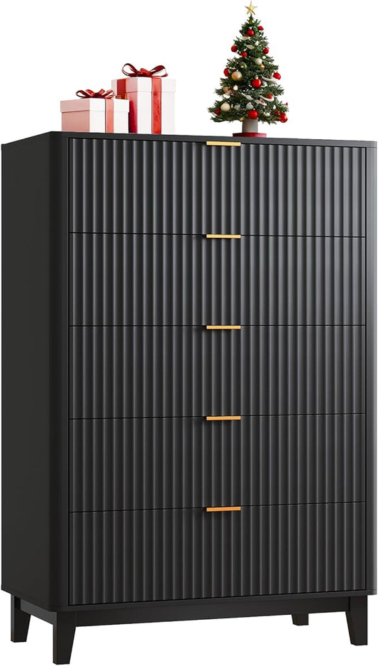 WLIVE Fluted Dresser for Bedroom with 5 Drawers, 46.26" Tall Wooden Dresser with Golden Metal Handles, Mid Century Modern Chest of Drawers for Living Room, Hallway, Closet, Solid Black