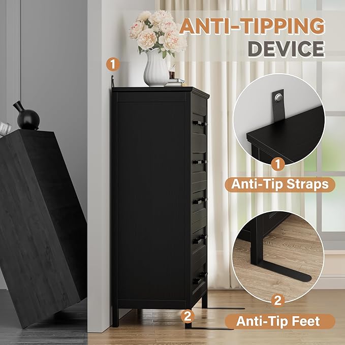 JUMMICO Black Dresser Tall for Bedroom,Wooden 5 Drawer Dresser for Nursery,Chest of Drawers for Bedroom, Closet Storage Organizer for Living Room, Hallway, Closet