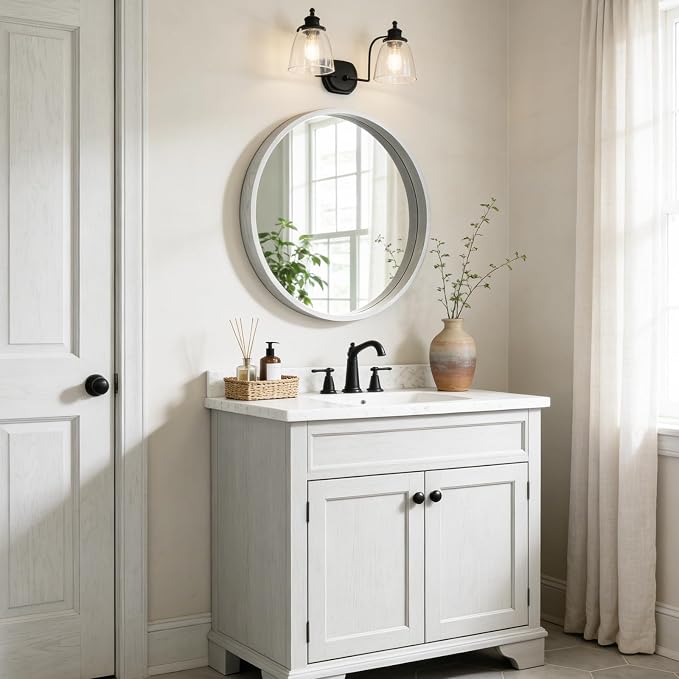 WallBeyond 28 Inch Round Wood Mirror, Large Circle Wooden Frame Wall Mirror for Bathroom, Living Room, Bedroom, Entryway (White)