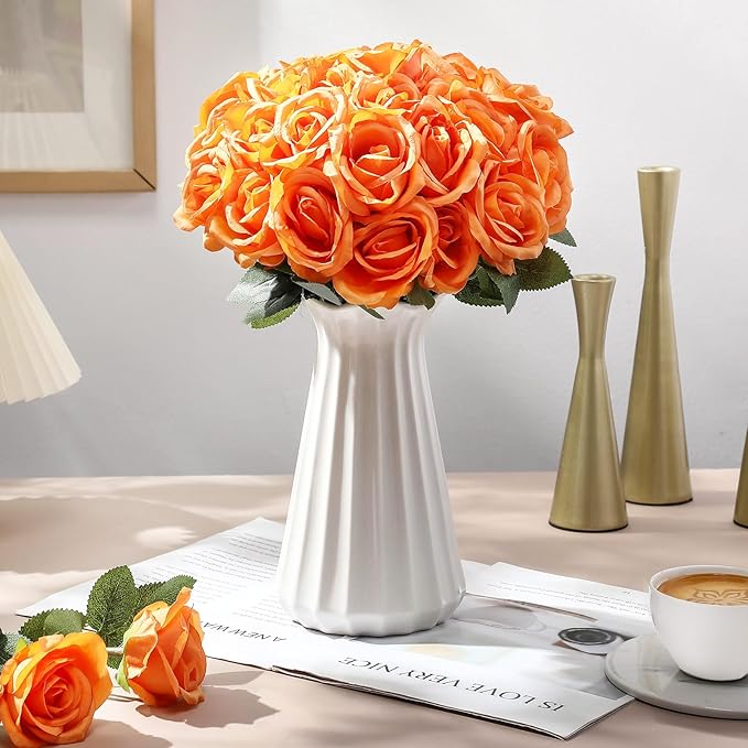 30 Pcs Rose Artificial Flowers in Bulk Real Touch Long Stem Silk Roses Bouquets Realistic Faux Flowers for Wedding Bridal Shower Home Decor Floral Arrangements Table Centerpiece(Orange)