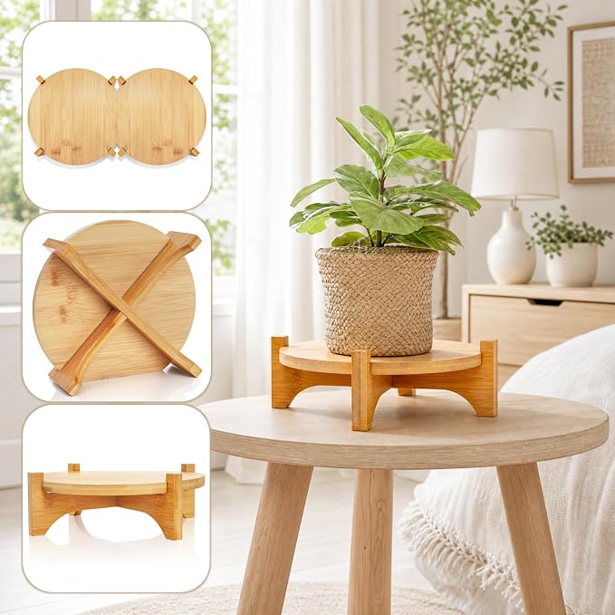 Pumtus 2 Pack Small Plant Stand, Wood Indoor Planter Stand, Bamboo Detachable Flower Pot Holder, Mid Century Potted Plant Rack for Outdoor Garden Home, Fits Up to 8 Inch Planter (Pot Not Included)