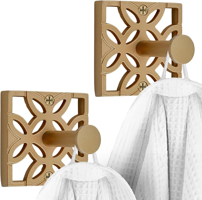 Autumn Alley Antique Gold Hooks, Bathroom Towel Hook, Robe Hook Wall Mounted - Decorative Wall Hooks for Towel, Robe, Coat and Door for Bathroom Modern Unique Style, 2 Pack