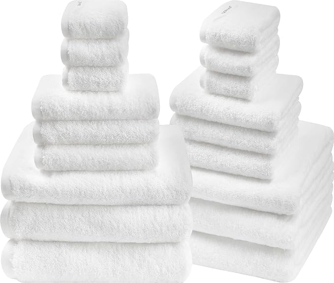 SEMAXE Bath Towel Set, 18 Piece Towel Set for Bathroom, Large Value Pack, Quick Dry Cotton Towels with Hanging Loops, Easy Care, White