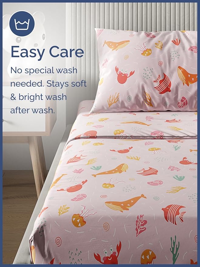 Kids Pink Fish Full 4 Piece Sheet Set - Boys, Girls, Teens, Toddler - Easy Fit Deep Pockets - Breathable, Hotel Quality Bedding Sheets - Machine Washable - Wrinkle Free - Cute, Cozy, Soft - CGK Linens