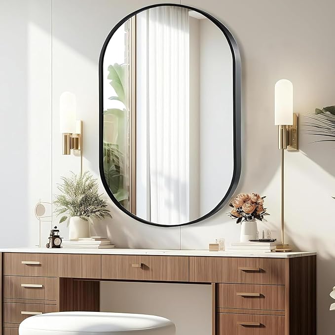 Black Oval Mirror, 26"x38" Oval Bathroom Mirror, Vanity Mirror with Brushed Metal Frame, Wall Mount Mirrors Decor for Bathroom, Bedroom, Entryway, Living Room(Hangs Horizontally or Vertically)