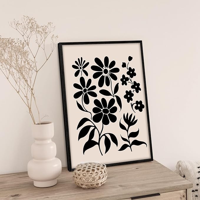 SERIMINO Black and White Wall Art Framed Bedroom Decor Aesthetic, Botanical Floral Canvas Wall Art for Living Room Boho, Set of 3 Flower Market Prints Farmhouse Wall Decor,20 x28 inch