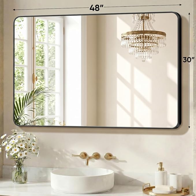 Sweetcrispy Bathroom Mirror for Over Sink, 30x48 Inch Wall Mount Mirror with a Rounded Rectangle and Matte Metal Frame, Modern Wall Vanity Mirrors for Home Decor, Living Room, Bedroom, Black