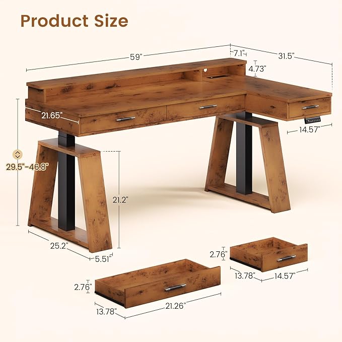 SEDETA 59 Inch L Shaped Electric Standing Desk with Drawers, Executive Adjustable Desk with Power Outlets, Monitor Stand, Sit Stand Computer Table for Home Office, Brown