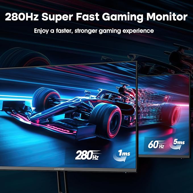 Amzfast 24.5 Inch FHD 280Hz/240Hz Gaming Monitor, 1ms Adaptive Sync, 3000:1, 10 Bit, 126% sRGB, 2*HDMI 2.0 & 2* DP1.4, TÜV Rheinland Eye Care,2 Year Warranty Exchange (HDMI & DP Dual Cable)