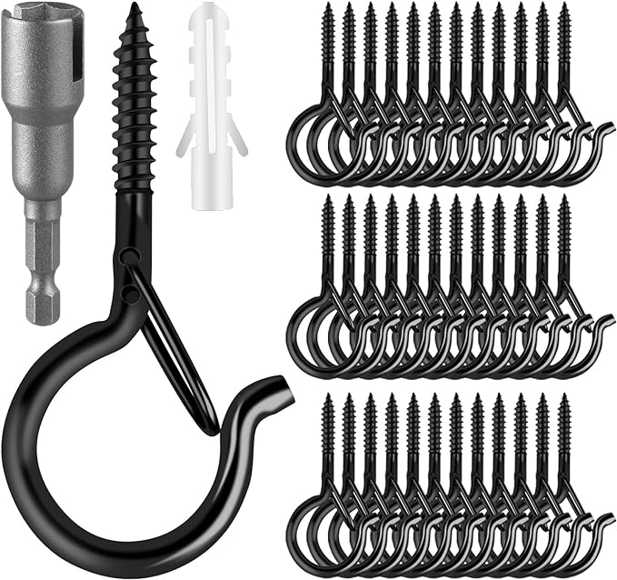 Q Hangers 100 Pack Screw-in Hooks for Outdoor String Lights, Swivel Hanging Basket Patio Hooks with Safe Buckle Screw in Eye Planter Hooks for Wall Ceiling