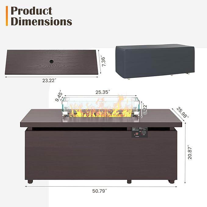 Sundale Outdoor 51 Inch Outdoor Fire Pit Table, 50,000BTU Rectangle Propane Fire Pit with Sliding Tank Holder, Glass Wind Guard, Removable Lid, CSA Certified, Brown