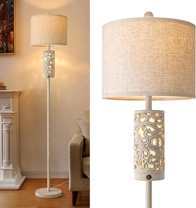 OYEARS 65“ Farmhouse Floor Lamp for Living Room, Rustic Floor Lamp with Main&Night Light,Linen Shade&Dual Switches, Standing Lamp for Bedroom Office Corner Dining Room, Wood Pole Lamp