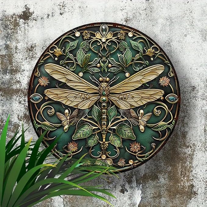 1pc 8x8inch Art Nouveau Dragonfly Aluminum Metal Sign - UV Resistant, Waterproof Decorative 2D Round Sign for Restaurant & Home Decor