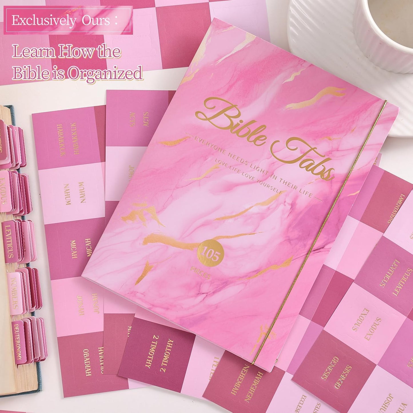 Skiennix Laminated Bible Tabs - Gold Foil Embossed Index Labels for Easy Navigation | 105 Chapters (Pink)