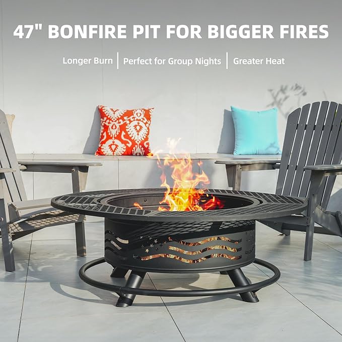 Panovue 47 Inch Fire Pit with 2 Cooking Grates, Outdoor Wood Burning BBQ Grill Firepit Bowl with Cover Lid, Steel Round Table for Backyard Bonfire Patio Picnic (Black, 47IN)