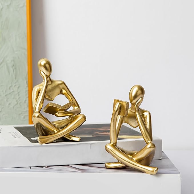 Prettidecor Thinker Statue Set of 2, Abstract Art Reading Sculpture Figurine, Modern Aesthetic Home Decoration for Living Room Bedroom Office Shelves Coffee Table Desk Bookshelf Decor (Gold)