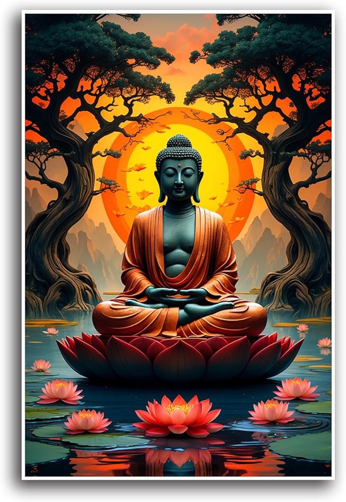 Canvas wall art Golden Buddha on lotus at sunset Ancient trees with reflections on water Serene meditation scene Uplifting wall art for mindfulness and tranquil home decor 24x36in Frameless