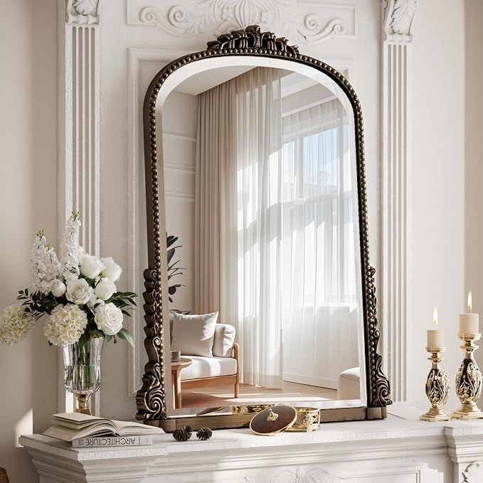 28"×40" Bronze Wide Arched Wall Mirror, Vintage Carving Bathroom Vanity Makeup Mirror, as Wall Decor Hanging Leaning for Fireplace Mantle, Living Room, Bedroom, Vanity Area