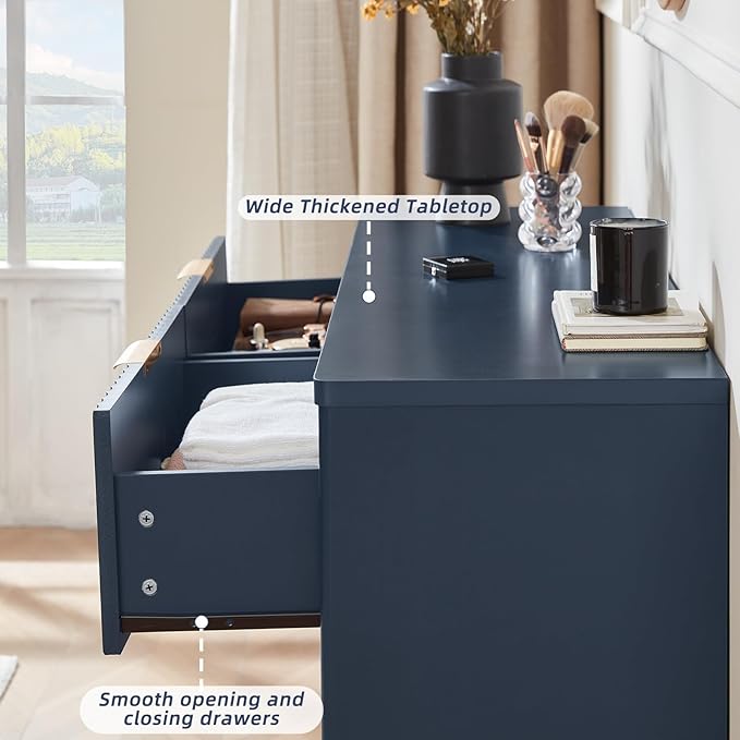 LEYAOYAO Fluted 6 Drawers Dresser, 48" Wide Modern Chest of Drawers with Woodgrain Top, Curved Profile Design, Dresser TV Stand, Wood Drawer Organizer for Bedroom, Living Room, Hallway,Blue