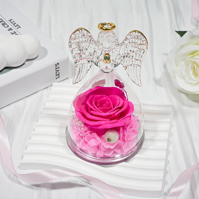 Sunia Preserved Flower Rose Gift for Women - Mother's Day Birthday Gifts for Mom Wife Grandma, Glass Angel Figurines Forever Real Roses Gifts for Her Valentine Day Thanksgiving﻿ (Rose red)