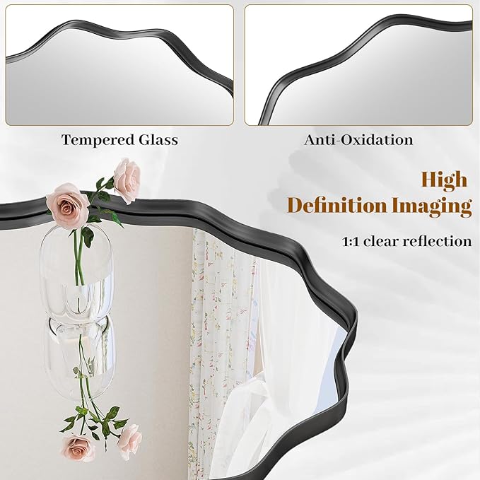 Wavy Round Mirror, 42 Inch Large Metal Frame Circle Mirror, Wall Mounted for Bathroom, Vanity, Entryway, Living Room, Black