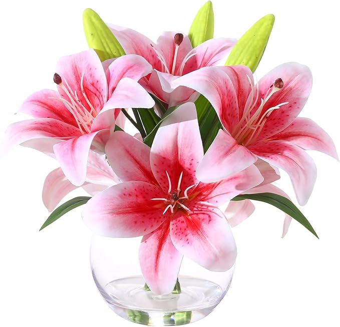 Artificial Tiger Lily Arrangement in Glass Vase, Real Touch Silk Flowers, FakeLilies with Faux Water