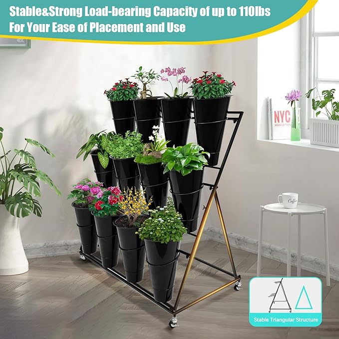 3 Layers Flower Display Stand with 12PCS Buckets Moving Fresh Flower Rack Metal Florist Bouquet Shelf with Wheels Flower Display Stand for Indoor Living Room Florist,39.3*19.6*43.3inch,Black