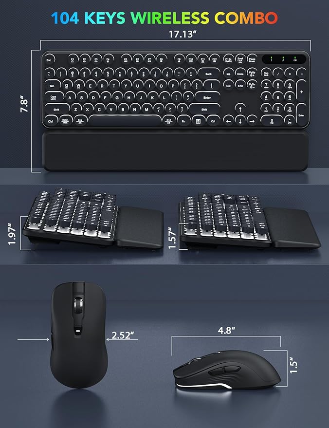 Wireless Keyboard and Mouse Backlit - Typewriter Keyboard with Magnetic Wrist Rest, Retro Round Keycaps, Light Up Letters, 2.4GHz Cordless Combo for Mac, Windows, PC, Laptop, Trueque [Upgraded]
