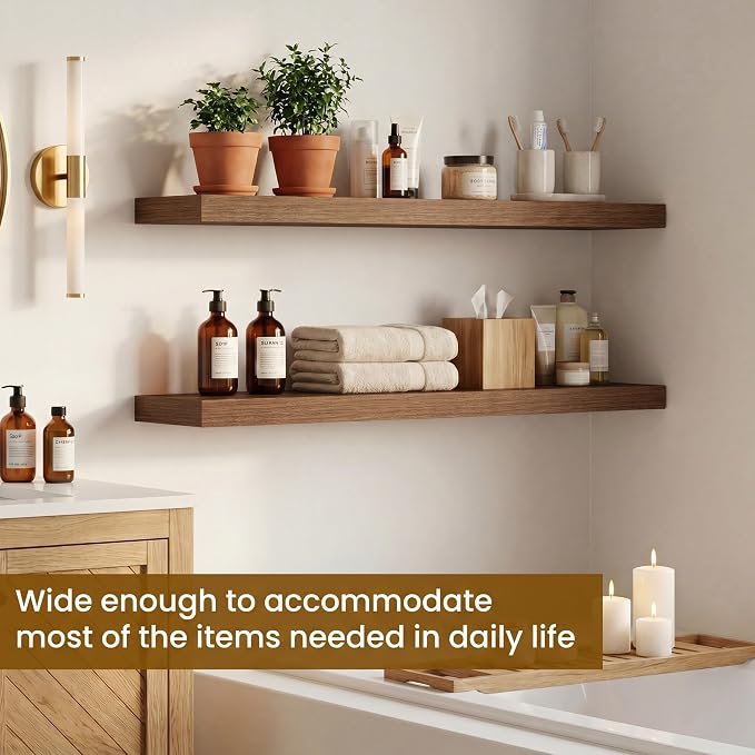 Dreamland 32inch Floating Shelves for Wall, Rustic Walnut Floating Shelves for Bathroom|Bedroom|Kitchen, Deep Wall Mounted Book Shelf, Wood Storage Display Shelf for Home Decor, Set of 2