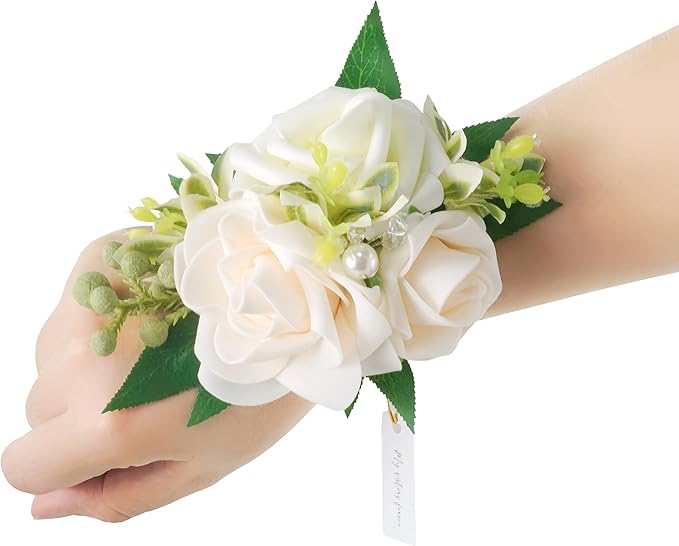 2 Pcs Artificial Flower Wrist Corsage Set, Elastic Wristlet for Prom Wedding Bridesmaid Homecoming Party Anniversary Decoration (Wht-White & Ivory)