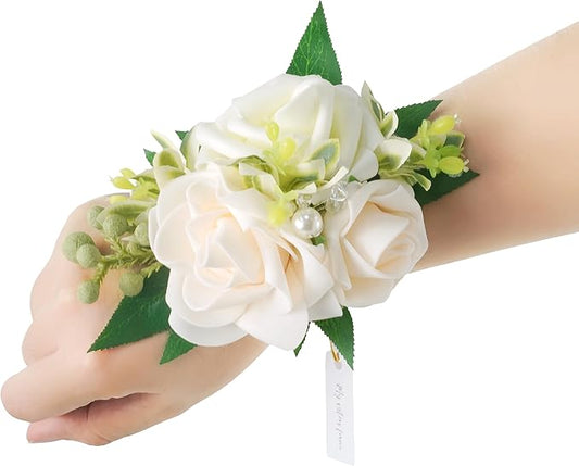 2 Pcs Artificial Flower Wrist Corsage Set, Elastic Wristlet for Prom Wedding Bridesmaid Homecoming Party Anniversary Decoration (Wht-White & Ivory)