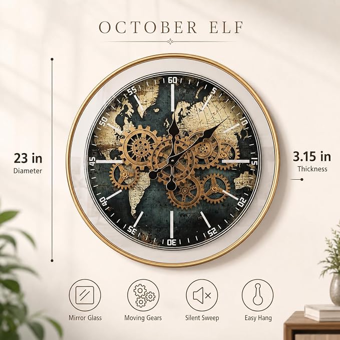 October Elf Large Moving Gear Wall Clock 23 Inch | Moving Gears/Industrial Iron Frame/Mirrored Glass/ World Map Dial/Modern /Extra Hands/ Living Room Decor/Housing Warming Gift
