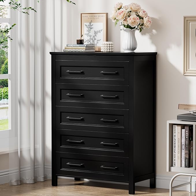 JUMMICO Black Dresser Tall for Bedroom,Wooden 5 Drawer Dresser for Nursery,Chest of Drawers for Bedroom, Closet Storage Organizer for Living Room, Hallway, Closet
