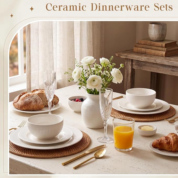 Domensi Ceramic Dinnerware Sets, Embossed Stoneware Plates and Bowls Sets Service for 2(Two More Bowls), Vertical Ribbed Embossed Pattern Oven, Microwave, Dishwasher Safe, Housewarming Wedding Gift
