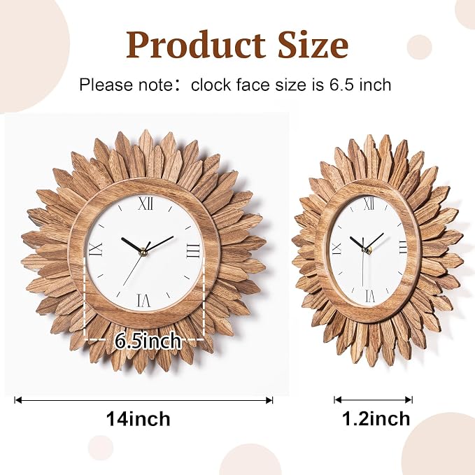 Honiway 14 Inch Wall Clocks Battery Operated Silent Non Ticking Rustic Wood Boho Sunburst Decorative Wall Clock for Living Room Kitchen Bedroom Farmhouse Office Decor (Rustic Brown-Roman Numerals)