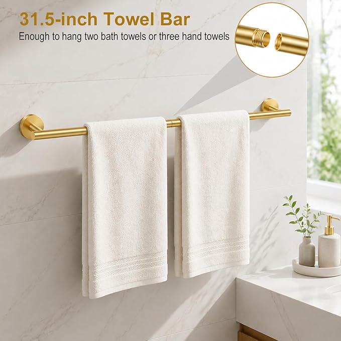 Brushed Gold Bathroom Accessories Set, 7 Pieces Gold Towel Bar Bathroom Hardware Set, 24 Inch Towel Racks for Bathroom, SUS304 Stainless Steel Bathroom Towel Holder Toilet Paper Holder Wall Mounted