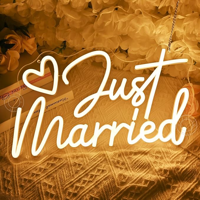 SYLHOME Just Married Led Neon Light Sign Heart Wedding Bridal Shower Backdrop Bedroom Wall Sign Decor Engagement Proposal Party Light Up Sign 15.75" X 9.25" USB