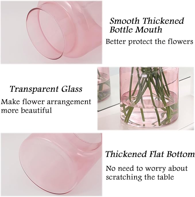 Large Glass Vase, Pink Glass Vase Set of 2, Large Flower Vases for Bouquet, Tall Wide Mouth Vases for Flowers, Home, Wedding, Living Room, Office Decor, 7"+9"