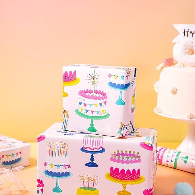 WRAPAHOLIC Birthday Wrapping Paper Roll - Mini Roll - 17 Inch x 16.5 Feet - Gold Foil Colorful Cake Wrapping Paper Perfect for Birthday, Holiday, Party, Baby Shower