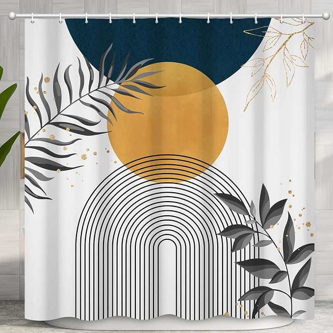 Boho Mid Century Shower Curtain, Orange Blue Modern Minimalist Abstract Geometric Gold Plant Leaves Arch Bathroom Curtains Waterproof Fabric Buthtub Curtain Set with Hooks 48" Wx72 L