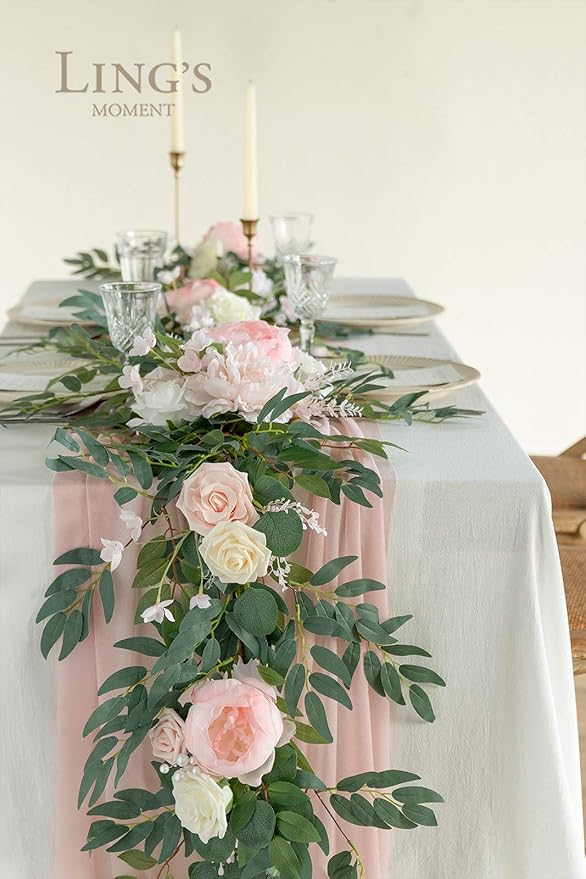 Ling's moment Arch Flower Garland - 6FT Eucalyptus & Rose - Sweetheart Table Decor for Wedding Reception, Artificial Floral Garland for Mantle, Thanksgiving, Christmas Decoration, Blush Pink & Cream