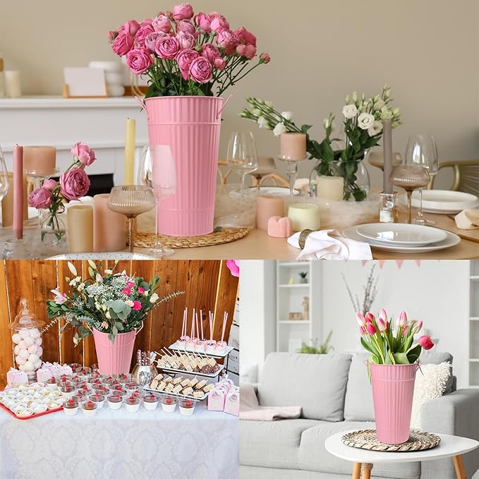 4 PCS 12 Inch Pink Galvanized Flower Buckets, Metal Flower Vase, Rustic Tall Flower Bucket with Handles for Wedding, Home Décor