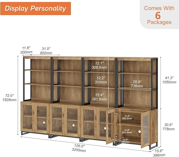 WAMPAT 4 PCS Modern 72" Tall Bookcases with Glass Doors and Adjustable Shelves, Library Book Shelf with Storage Cabinet and Open Book Shelfs, Wood Bookshelves for Home Office, Living Room, Oak